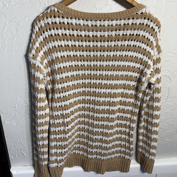 Loft Sweater WM Tan/white Stripe Open Knit Long Sleeve Chic Artisanal Classic - Picture 7 of 13